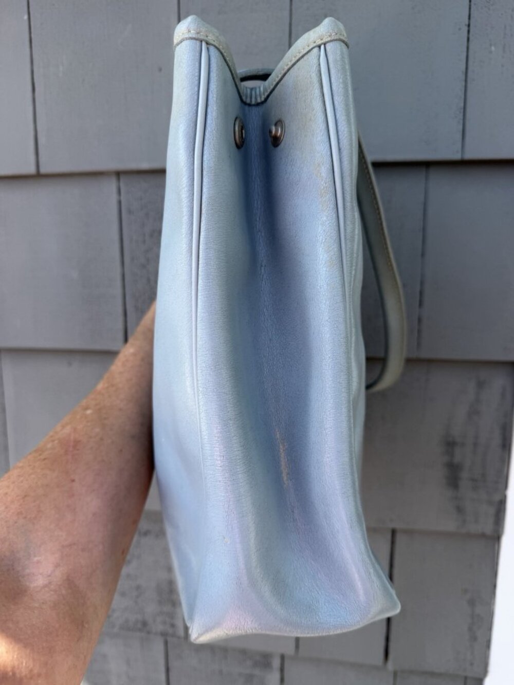 Vintage 90s Longchamp light blue leather double handle shoulder bag preppy - Picture 4 of 16